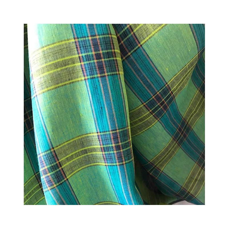 Tissu écossais lin vert & turquoise pour rideaux