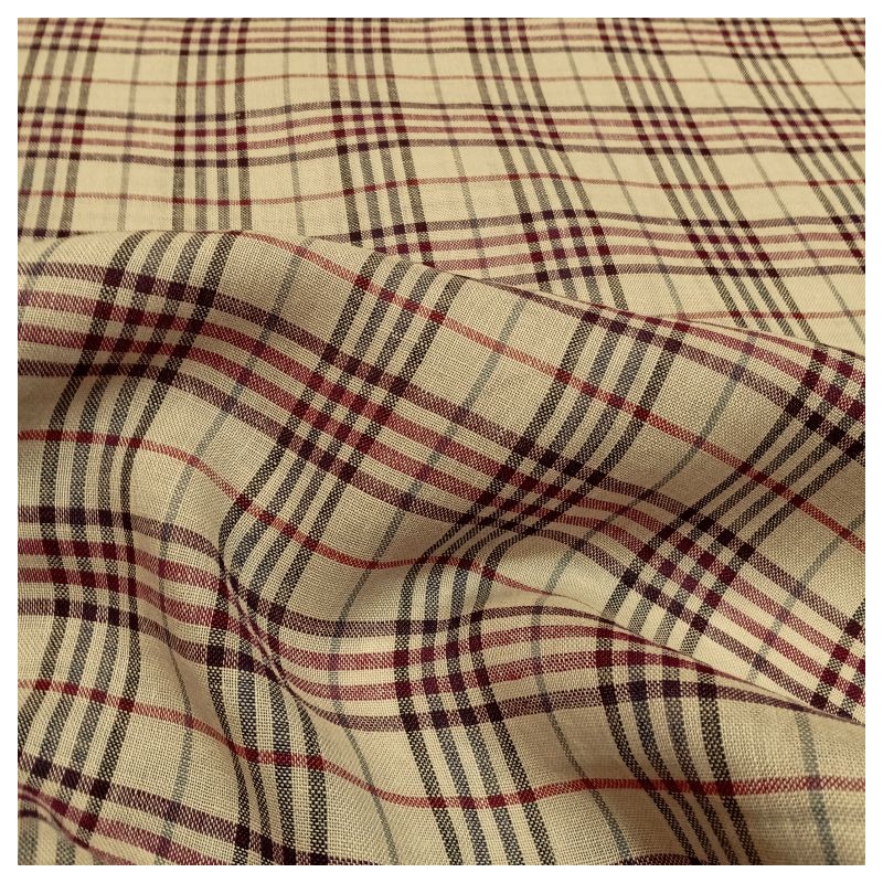 Tissu carreau en lin Bordeaux beige