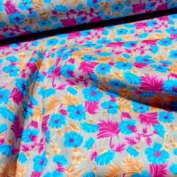 Tissu Coton "Jardin Bohème" – Fleurs Bleu & Fuchsia sur Fond Taupe