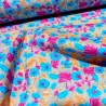 Tissu Coton "Jardin Bohème" – Fleurs Bleu & Fuchsia sur Fond Taupe