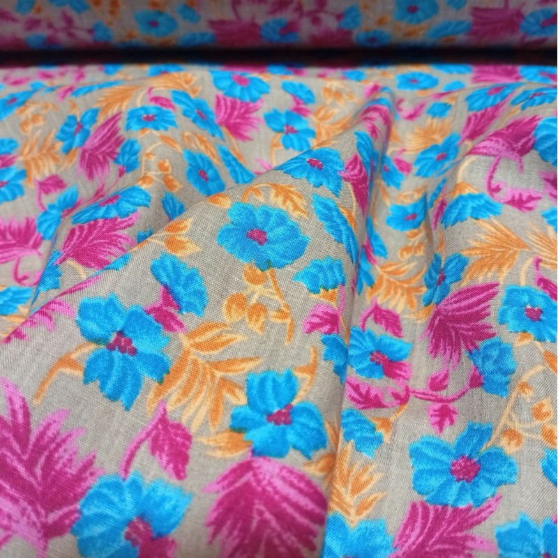 Echantillon : Coton "Jardin Bohème" – Fleurs Bleu & Fuchsia sur Fond Taupe