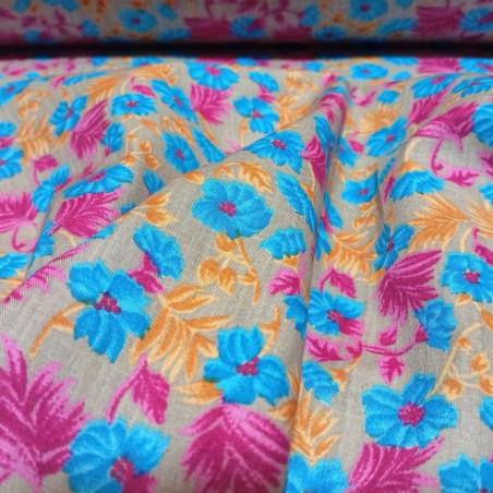 Echantillon : Coton "Jardin Bohème" – Fleurs Bleu & Fuchsia sur Fond Taupe