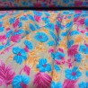 Echantillon : Coton "Jardin Bohème" – Fleurs Bleu & Fuchsia sur Fond Taupe