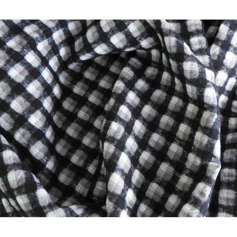 Tissu Laine Carreau Relief & Aspect Froissé - Noir et Gris