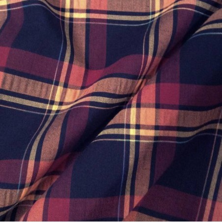 Tissu écossais robuste bleu marine et orange laine et polyester pour jupe plissée et rideaux
