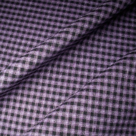 Tissu laine stretch motif Vichy petits carreaux violet et noir pour jupe plissée et tailleur