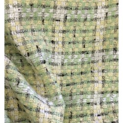 Tissu tweed multicolore pastel vert et jaune en laine cardée douce pour veste Chanel et rideaux