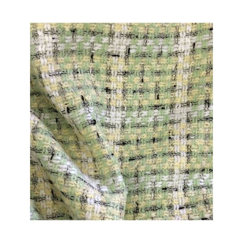Tissu tweed multicolore pastel vert et jaune en laine cardée douce pour veste Chanel et rideaux