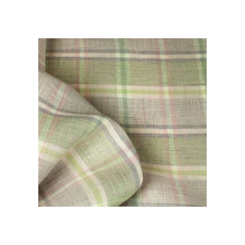 Tissu 100% lin écossais carreaux rose pâle et vert clair pour robe fillette et linge de table