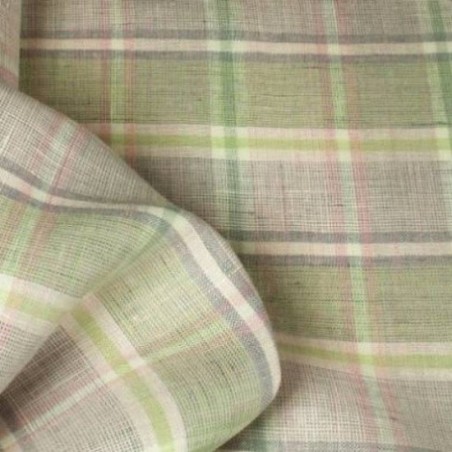 Tissu 100% lin écossais carreaux rose pâle et vert clair pour robe fillette et linge de table
