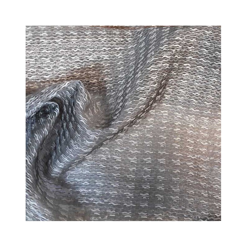 Tissu Jacquard Laine & Mohair Gris Argenté - Motif Vagues Blanches & Éclat Soyeux