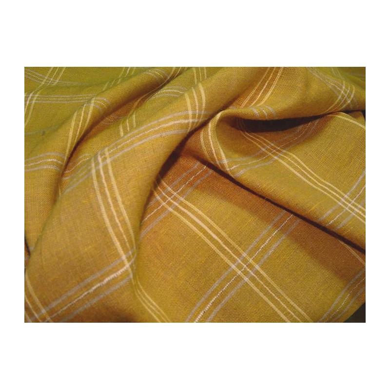 Tissu Lin Mélangé Jaune Moutarde à Fines Rayures et Carreaux