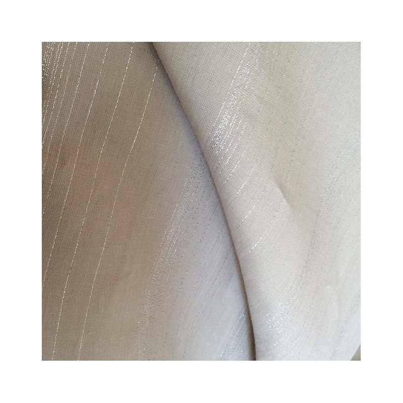 Tissu pur lin beige à fines rayures brillantes lurex au mètre